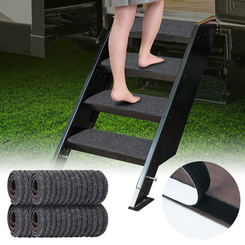 أغطية خطوات ESUDNT RV مكونة من 4 أغطية سجاد RV Step Rug RV لدرج المنزل المحمول والتخييم بعرض 24 بوصة (24 * 7.5 أسود) - Image 1